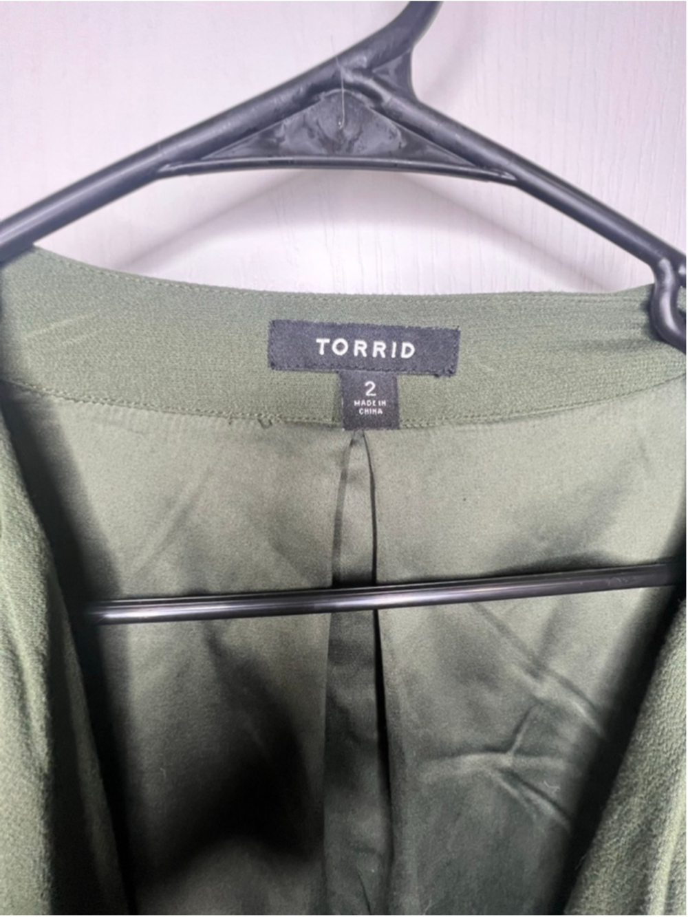 Torrid Olive Green Open Front Ruffle Hem Jacket With Drawstring Waist - Picture 3 of 5
